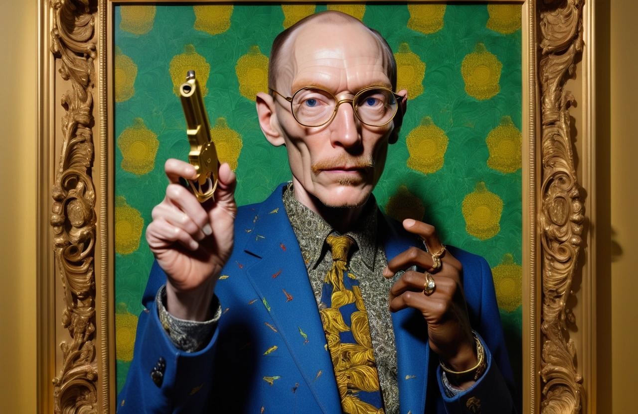 Image with seed 2067332224 generated via Stable Diffusion through @stablehorde@sigmoid.social. Prompt: portrait of William S. Burroughs brandishing a pistol, in the style of Kehinde Wiley, golden frame, in a museum.