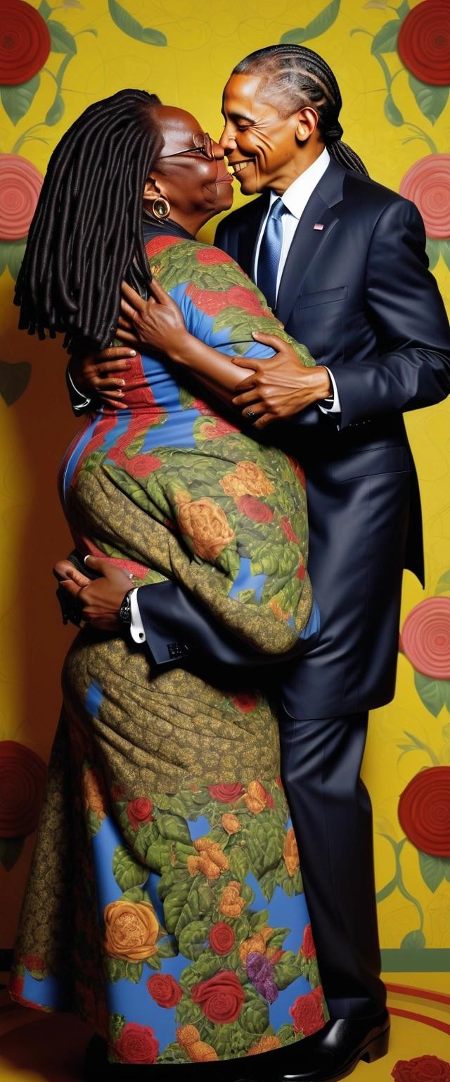 Image with seed 750145239 generated via Stable Diffusion through @stablehorde@sigmoid.social. Prompt: Whoopi Goldberg in a romantic embrace with Barack Obama in the style of Kehinde Wiley.