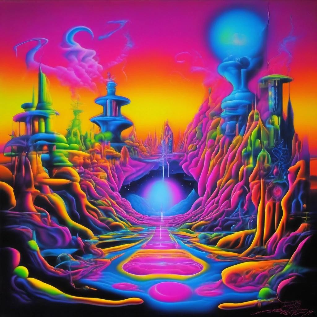 Image with seed 282667723 generated via Stable Diffusion through @stablehorde@sigmoid.social. Prompt: Neon Dreamscape Odyssey by The Synaptic Sirens, 1980s new wave album cover, surrealist enigmatic airbrush art, surrealism 