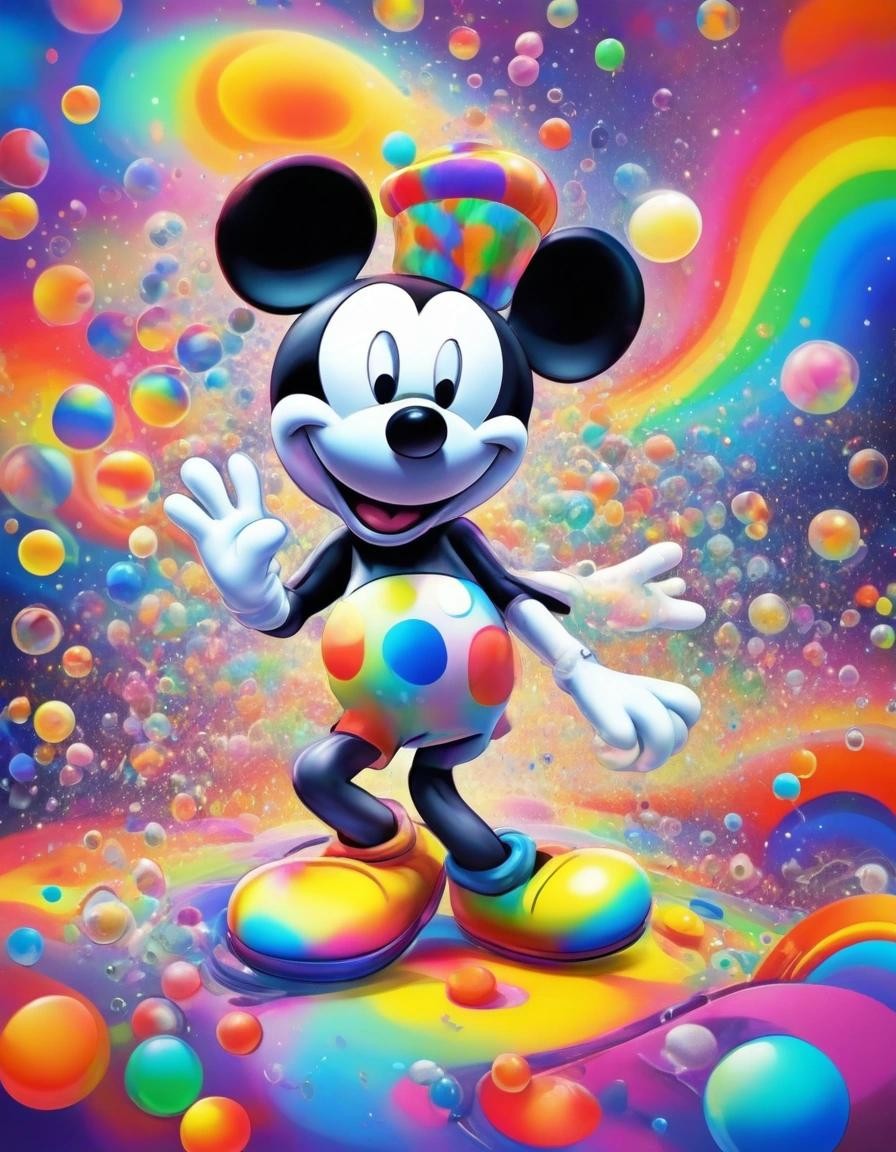 Image with seed 3892671917 generated via Stable Diffusion through @stablehorde@sigmoid.social. Prompt: Mickey Mouse as Steamboat Willie having an LSD trip, with wild colours and crazy visions, very psychedelic, rainbow bubbles