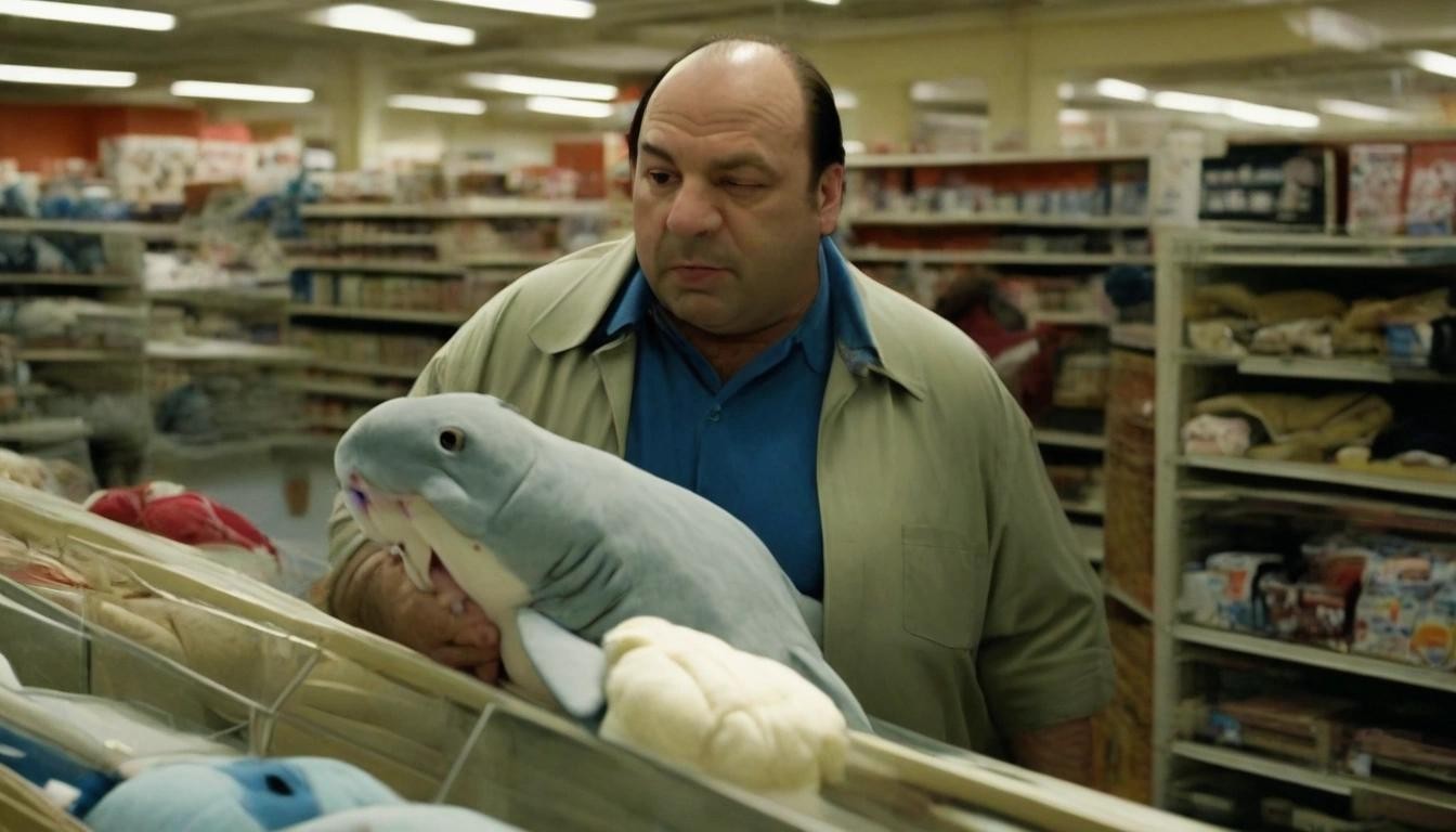 Image with seed 2209662447 generated via Stable Diffusion through @stablehorde@sigmoid.social. Prompt: tony soprano buying a shark plush from ikea at midnight