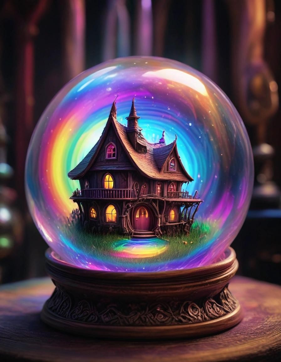 Image with seed 241374869 generated via Stable Diffusion through @stablehorde@sigmoid.social. Prompt: a magic crystal ball with a swirling rainbow inside inside a fantasy witch house.