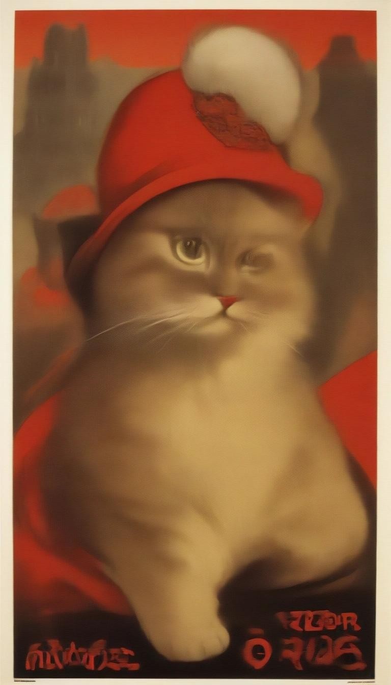 Image with seed 967101717 generated via Stable Diffusion through @stablehorde@sigmoid.social. Prompt: USSR soviet propaganda poster, cat with a hat ###photorealistic, cute, modern,