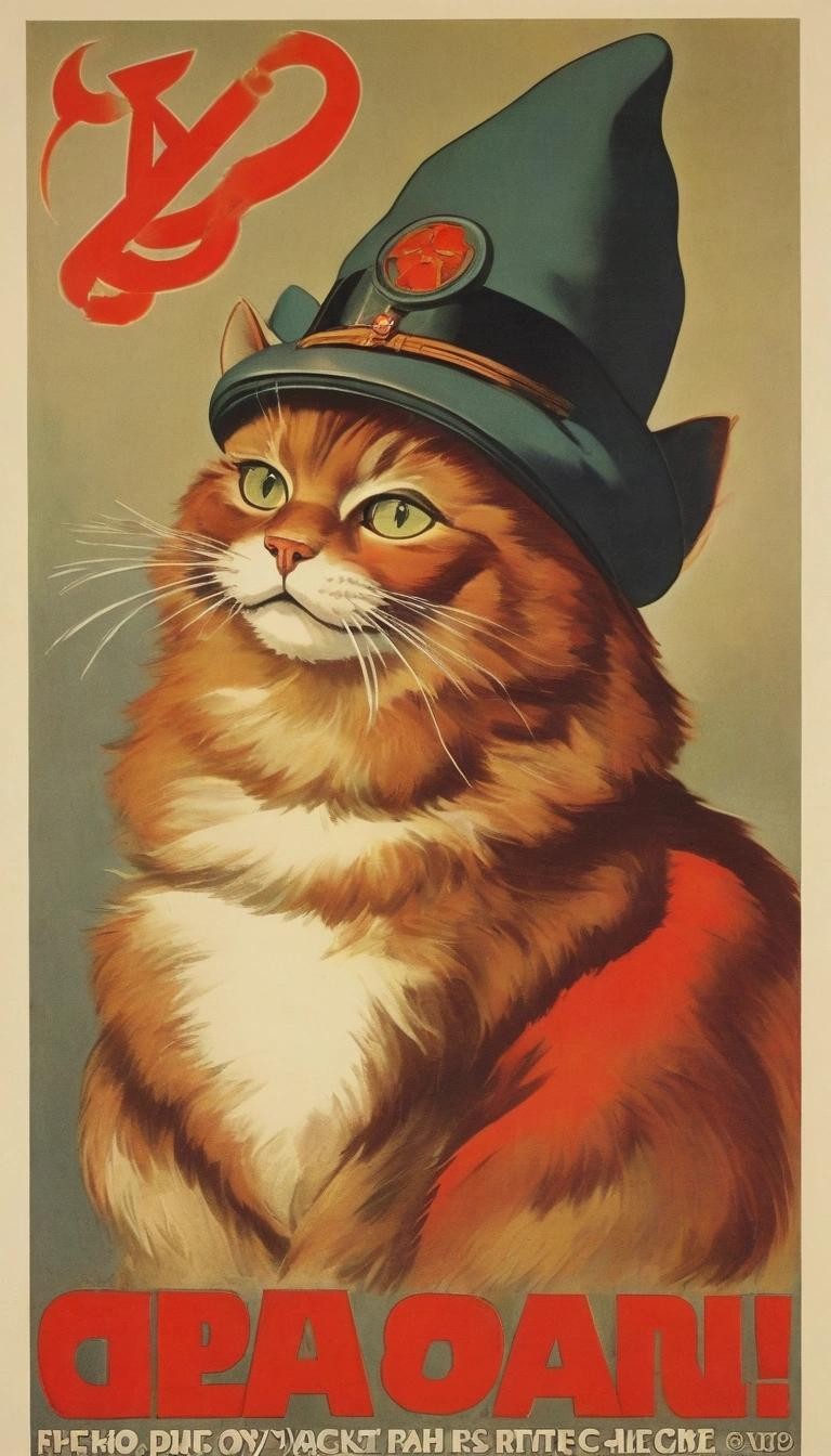 Image with seed 1324316810 generated via Stable Diffusion through @stablehorde@sigmoid.social. Prompt: USSR soviet propaganda poster, cat with a hat ###photorealistic, cute, modern,