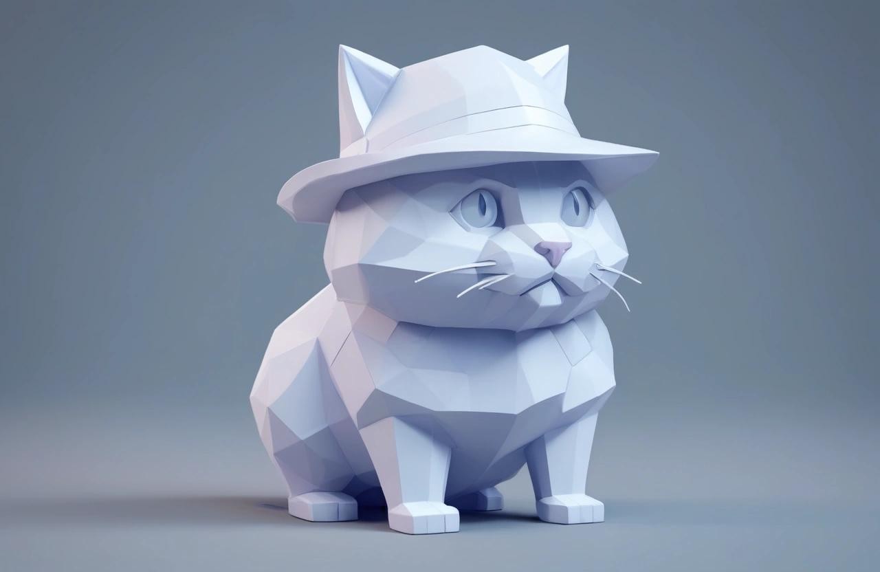 Image with seed 1434349628 generated via Stable Diffusion through @stablehorde@sigmoid.social. Prompt: low-poly style Cat with a hat , ambient occlusion, low-poly game art, (polygon mesh:0.8), jagged, blocky, (wireframe edges:0.8), centered composition###noisy, sloppy, messy, grainy, highly detailed, ultra textured, photo, black and white, grayscale, colorless