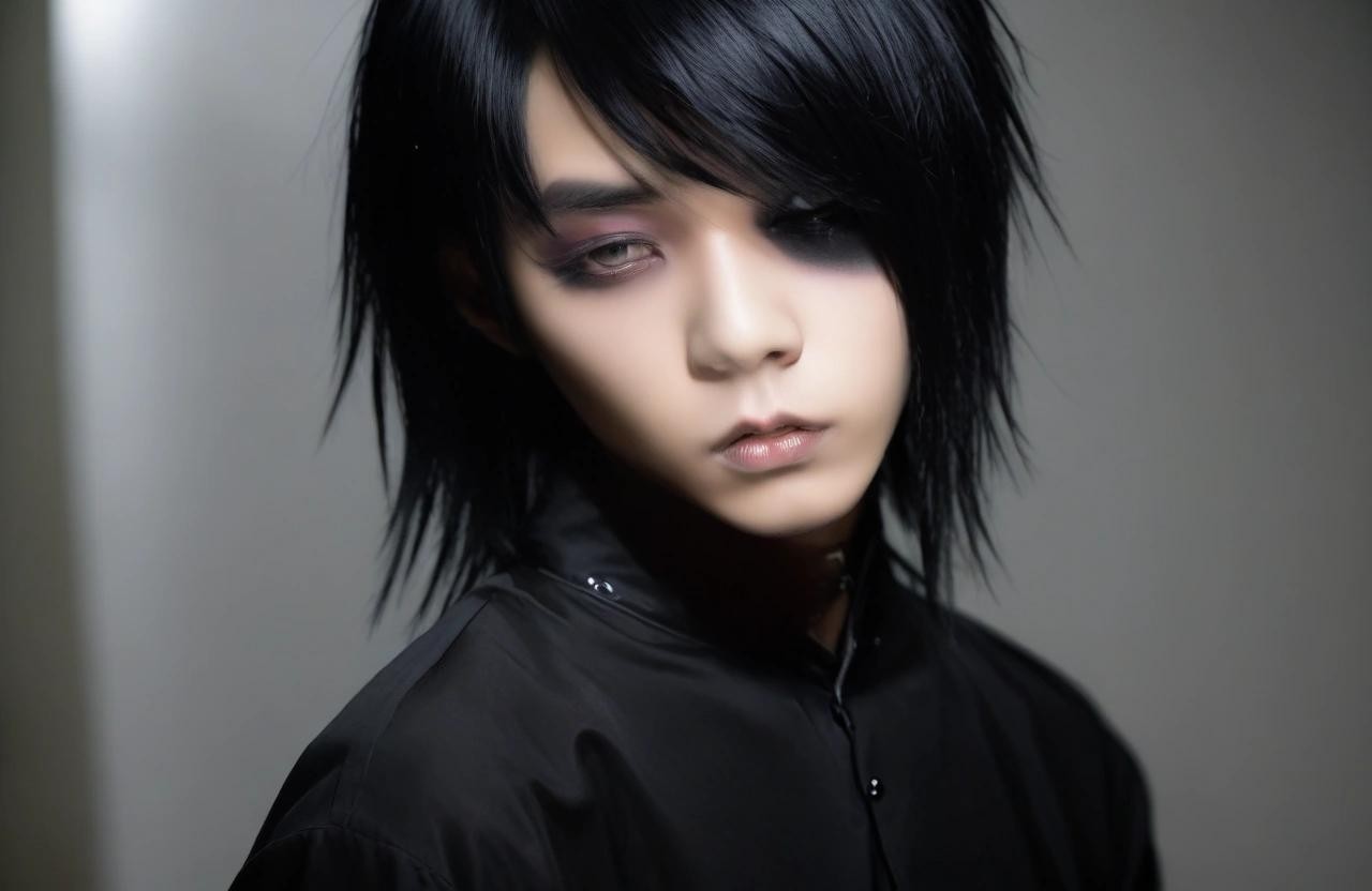 Image with seed 3573624674 generated via Stable Diffusion through @stablehorde@sigmoid.social. Prompt: Young slender dandsome Asian man, beautiful East Asian Goth boy with dramatic gothic eye makeup, long shiny black hair, flamboyant black androgynous goth fashion, ear piercings