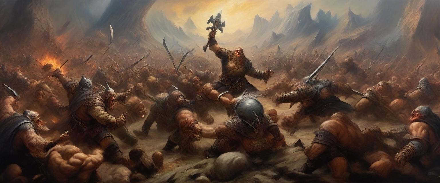 Image with seed 220949298 generated via Stable Diffusion through @stablehorde@sigmoid.social. Prompt: The Great Battle between the Dwarves and the Orcs, oil on canvas, fantasy 