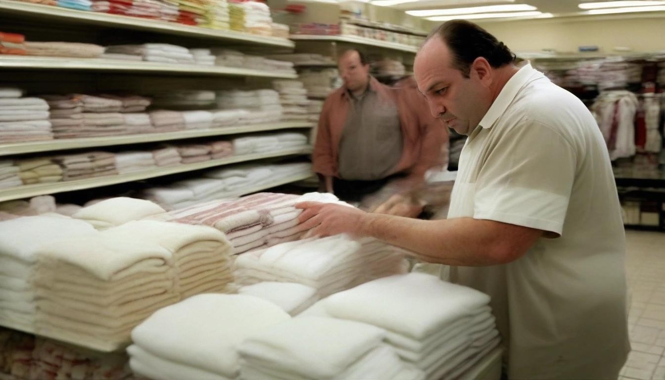 Image with seed 1921526710 generated via Stable Diffusion through @stablehorde@sigmoid.social. Prompt: tony soprano shopping for towels as thick as a porterhouse steak
