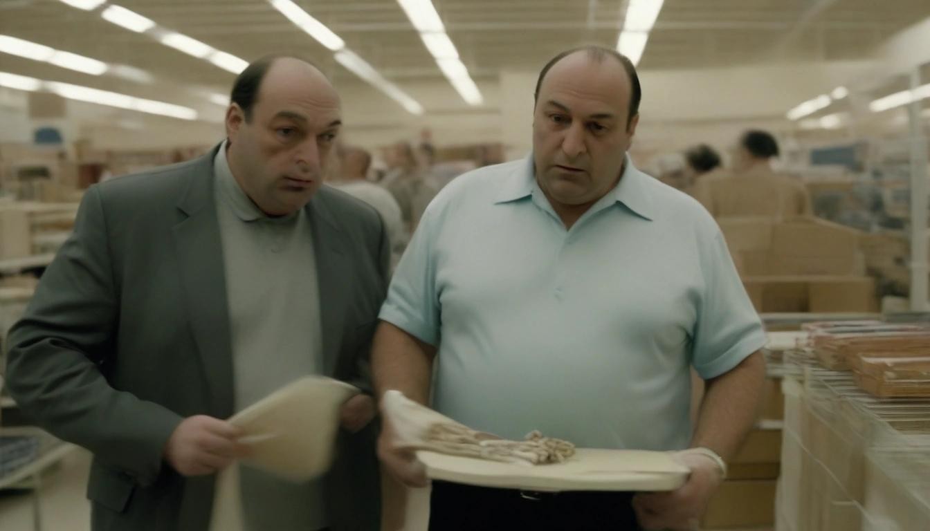 Image with seed 90253393 generated via Stable Diffusion through @stablehorde@sigmoid.social. Prompt: tony soprano buying a blåhaj at ikea just before closing