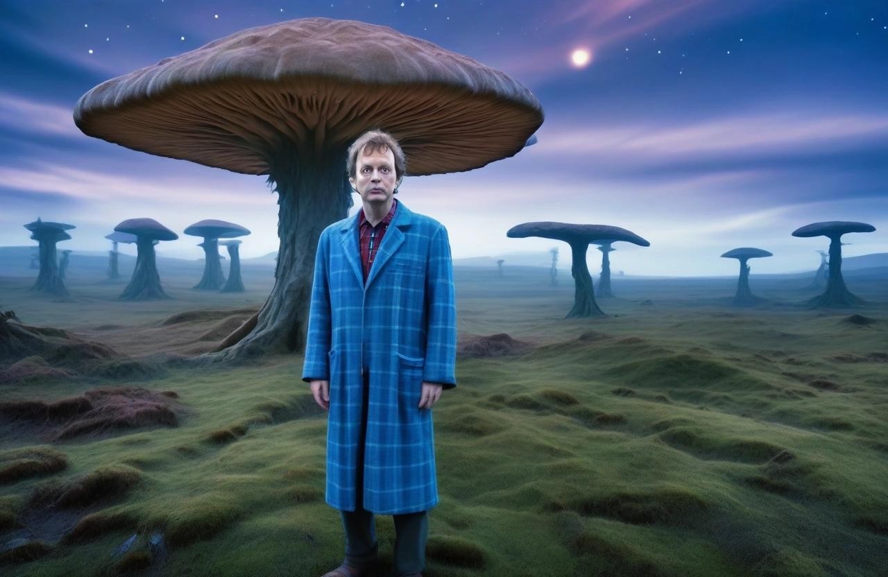 Image with seed 1268496514 generated via Stable Diffusion through @stablehorde@sigmoid.social. Prompt: Arthur Dent standing on a distant planet in his blue plaid dressing gown and pyjamas, vast amazing strange landscape, weird alien trees, giant mushrooms in a distance 