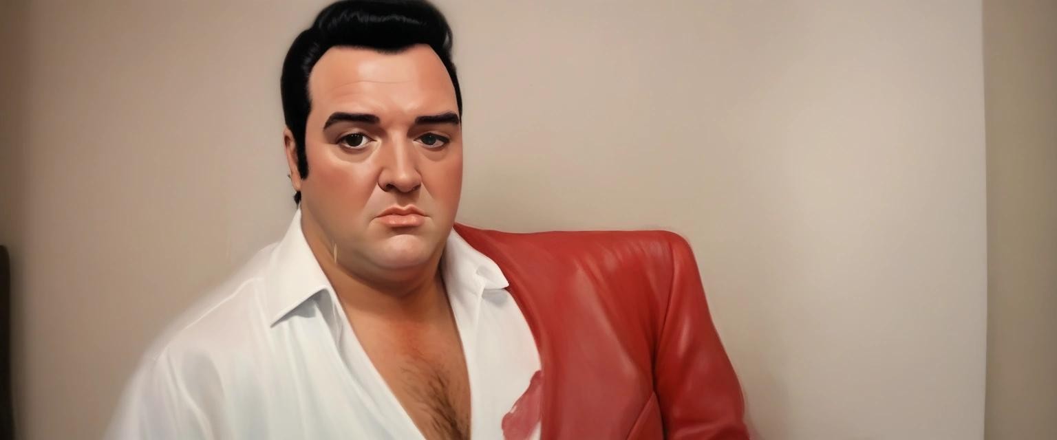 Image with seed 2749674889 generated via Stable Diffusion through @stablehorde@sigmoid.social. Prompt: draw for us an elvis impersonator that looks exactly like tony soprano