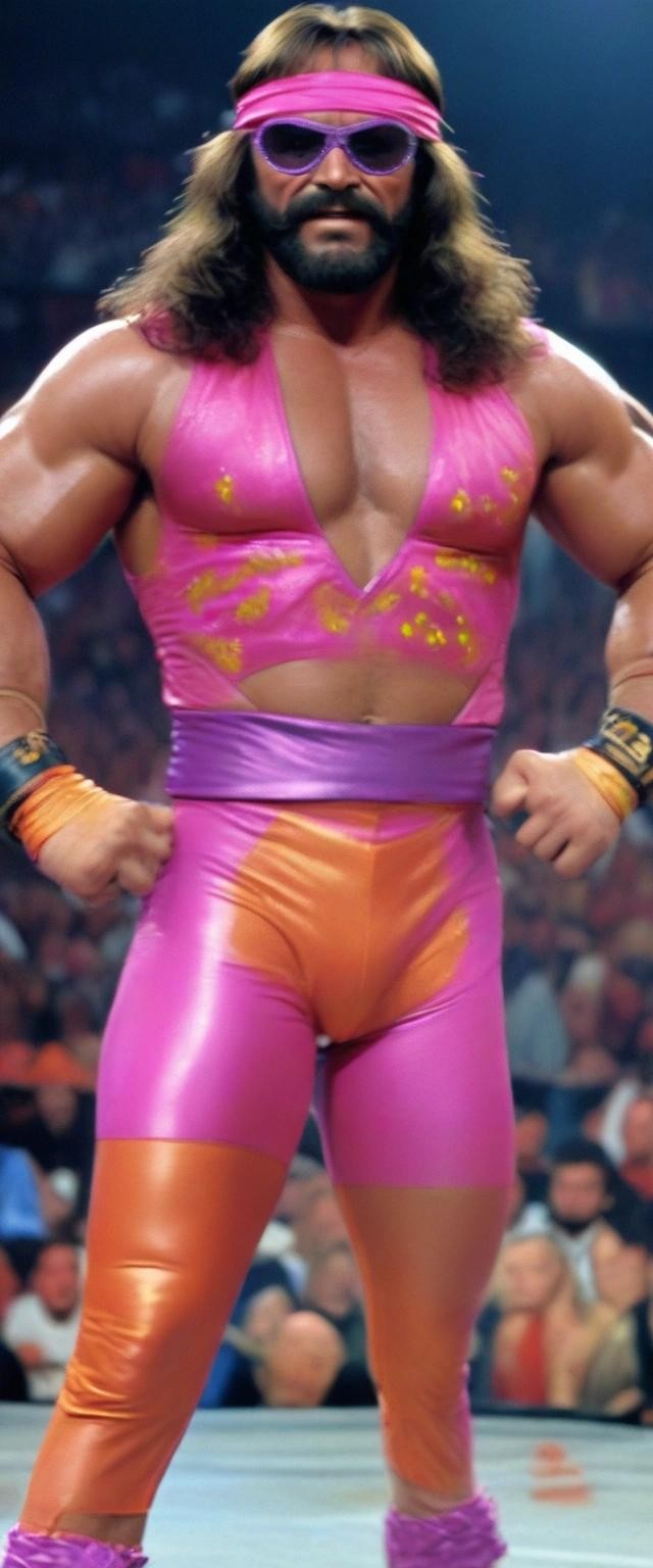 Image with seed 2442044157 generated via Stable Diffusion through @stablehorde@sigmoid.social. Prompt: the most dangerous game with Macho Man Randy Savage.