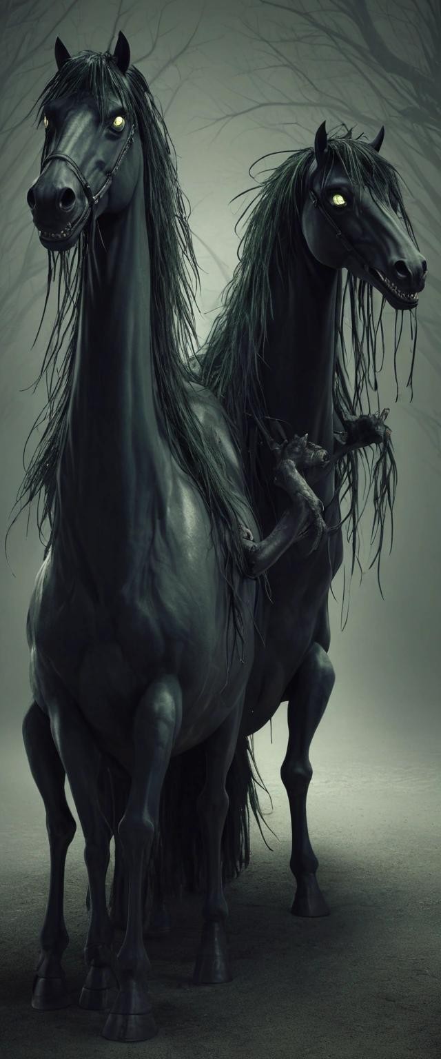 Image with seed 2717586174 generated via Stable Diffusion through @stablehorde@sigmoid.social. Prompt: the eldritch horrors named Henry the Horse and Tony the Pony spreading insanity by parsing HTML with REGEX.