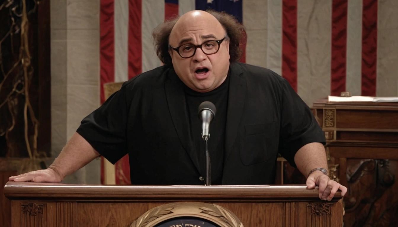 Image with seed 943472243 generated via Stable Diffusion through @stablehorde@sigmoid.social. Prompt: danny devito as an autocratic leader, addressing the nation, after successfully overthrowing the united states government