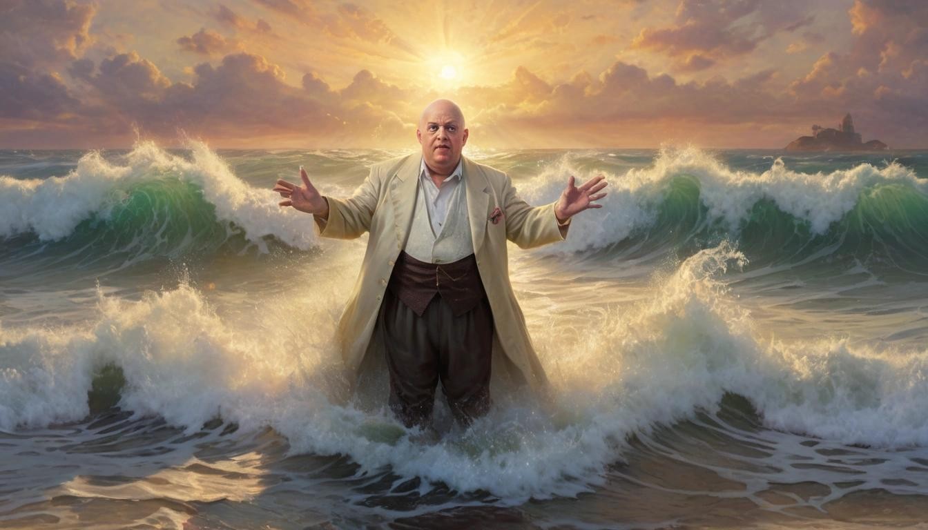 Image with seed 1636978578 generated via Stable Diffusion through @stablehorde@sigmoid.social. Prompt: Aleister Crowley looking ecstatic while splashing in ocean waves in front of the rising sun, in the style of Thomas Kinkade.