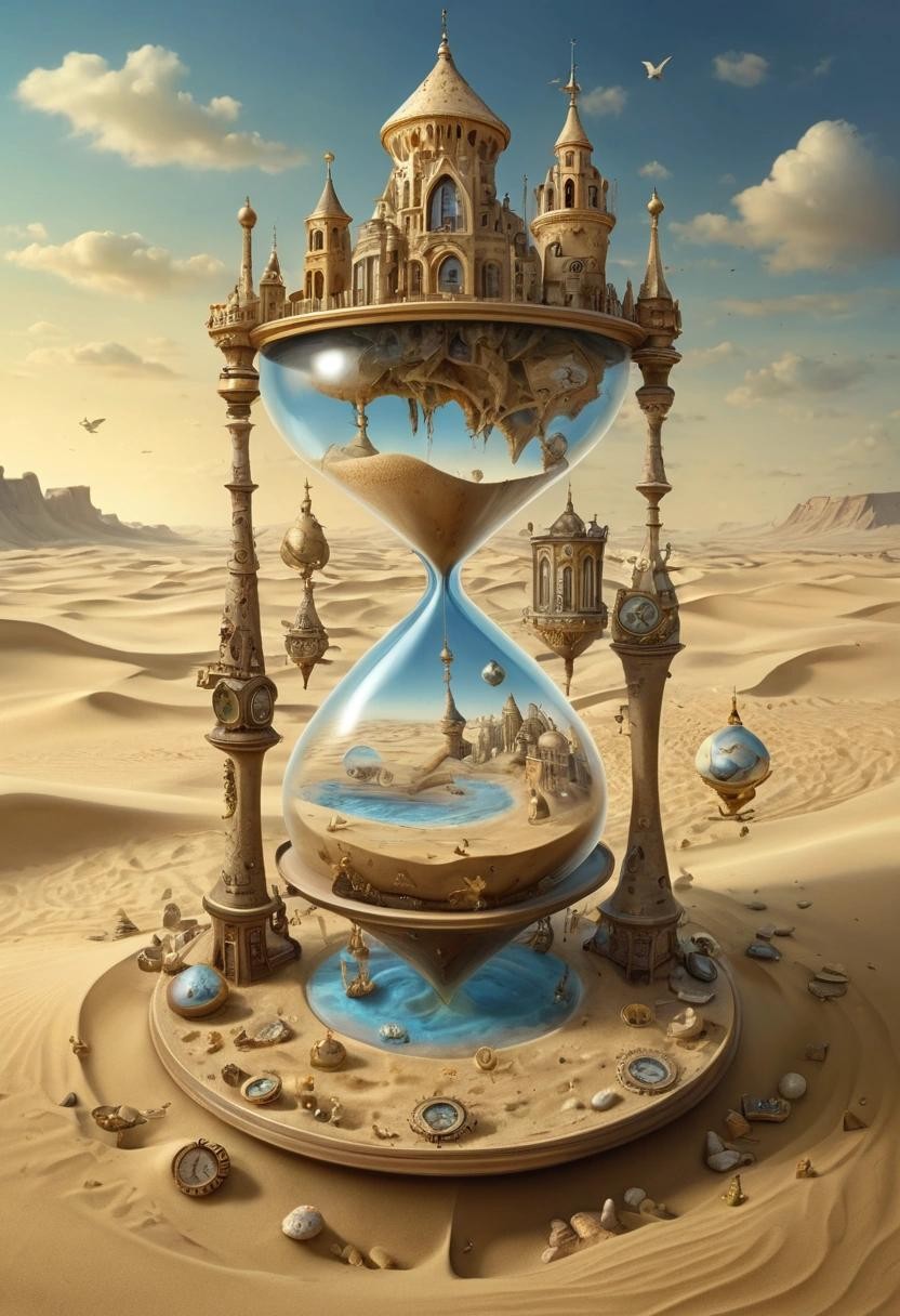 Image with seed 1616841156 generated via Stable Diffusion through @stablehorde@sigmoid.social. Prompt: The Sands of Time, hourglass, clocks, watches, surrealism, magic realism, fantasy, photorealistic, highly detailed, Gediminas Pranckevicius, Jacek Yerka, Salvador Dali