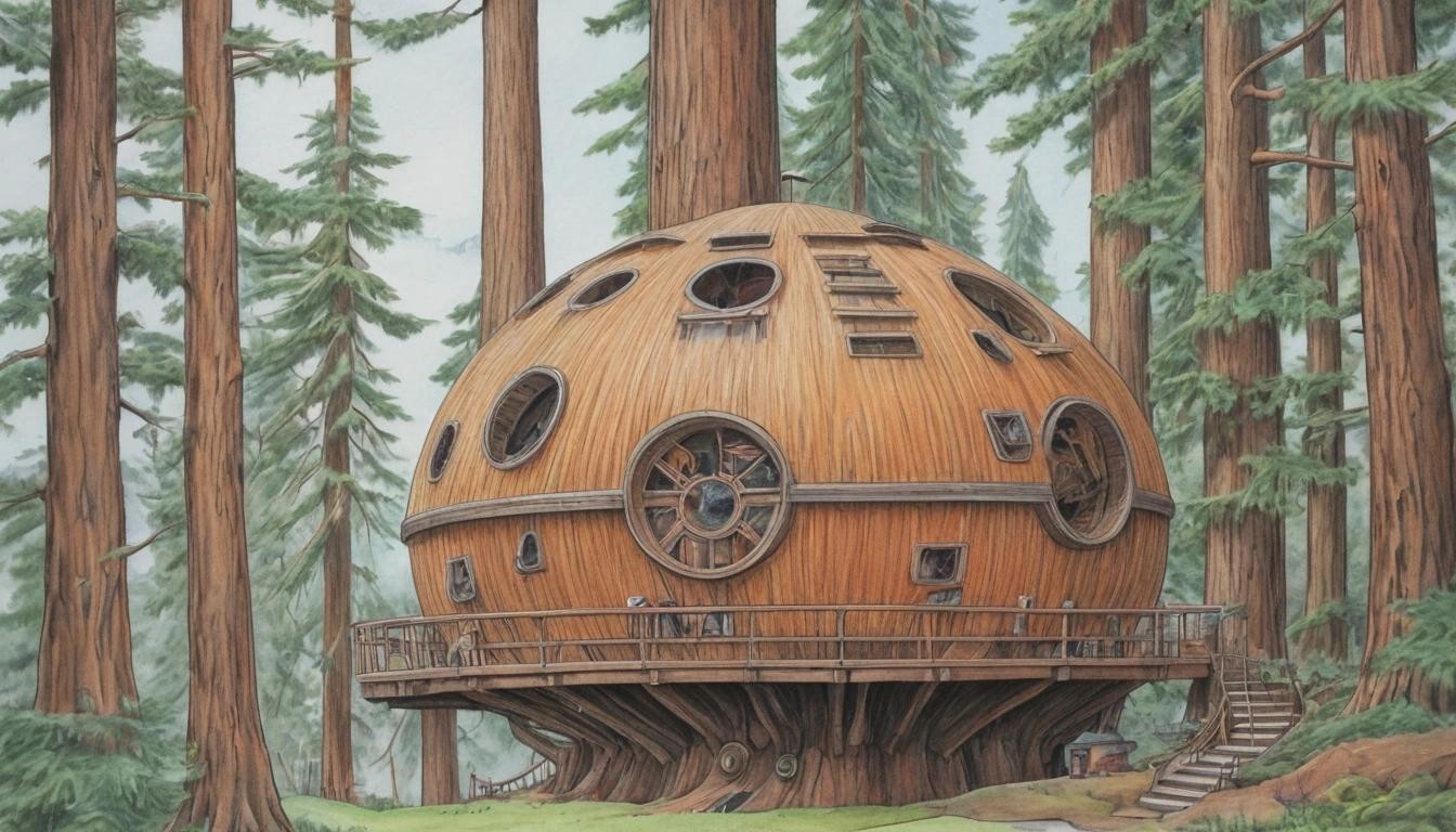 Image with seed 3456416114 generated via Stable Diffusion through @stablehorde@sigmoid.social. Prompt: a coloured pencil drawing of a big round Wookie treehouse from the Star Wars Holiday Special
