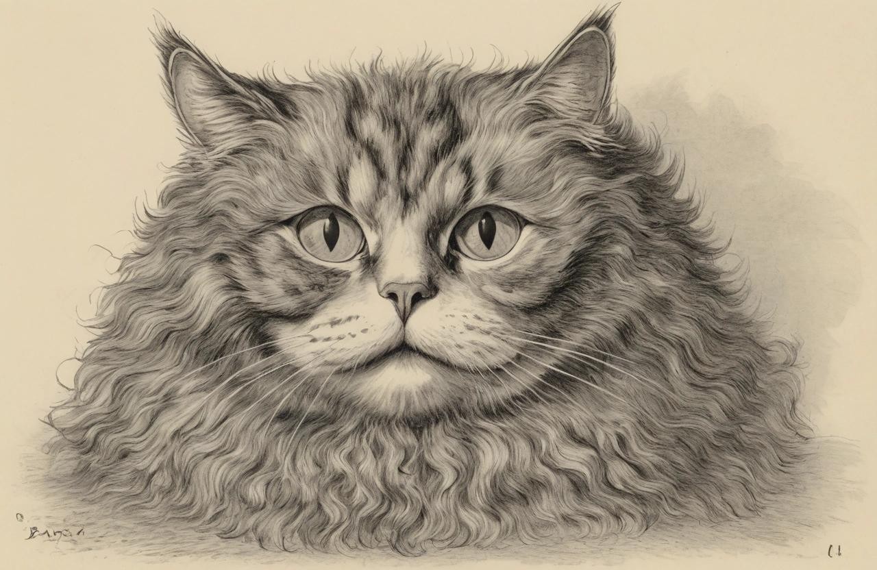 Image with seed 3049012420 generated via Stable Diffusion through @stablehorde@sigmoid.social. Prompt: a cat drawn by Louis Wain in his later years