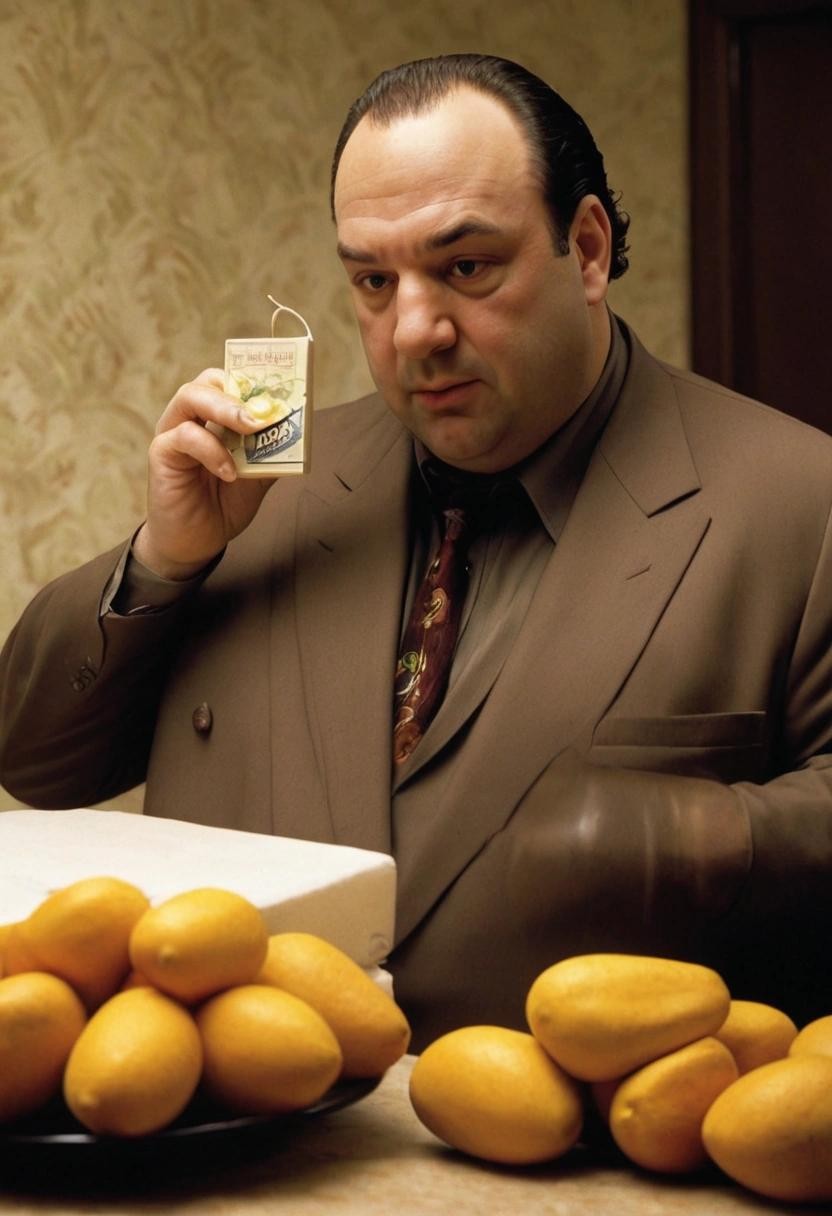 Image with seed 498316062 generated via Stable Diffusion through @stablehorde@sigmoid.social. Prompt: tony soprano serving the dialtone mango