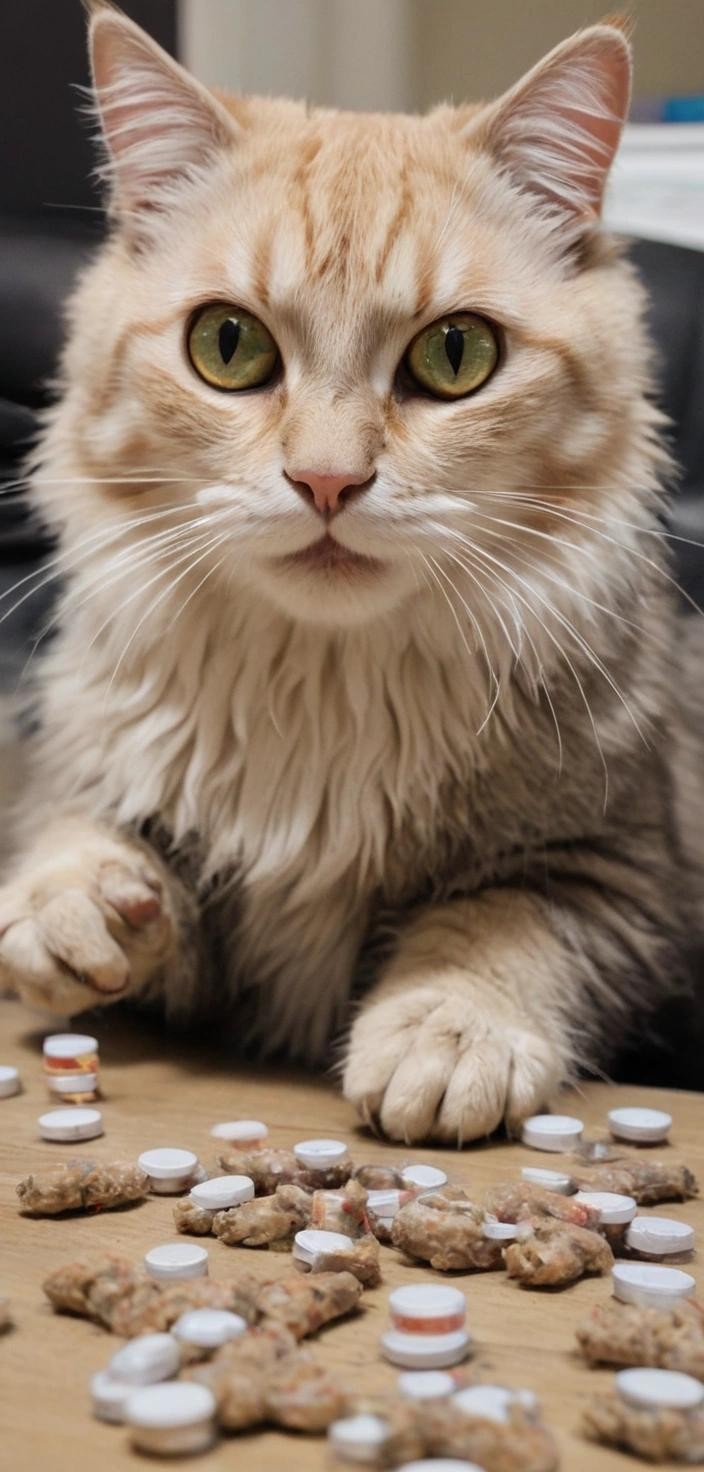Image with seed 1163111341 generated via Stable Diffusion through @stablehorde@sigmoid.social. Prompt: cat drugs