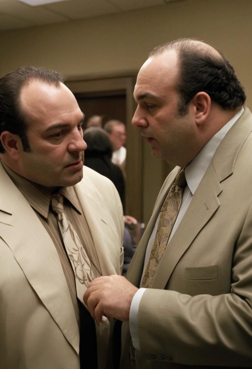 Image with seed 3590496279 generated via Stable Diffusion through @stablehorde@sigmoid.social. Prompt: tony soprano meeting his archrival tony contralto
