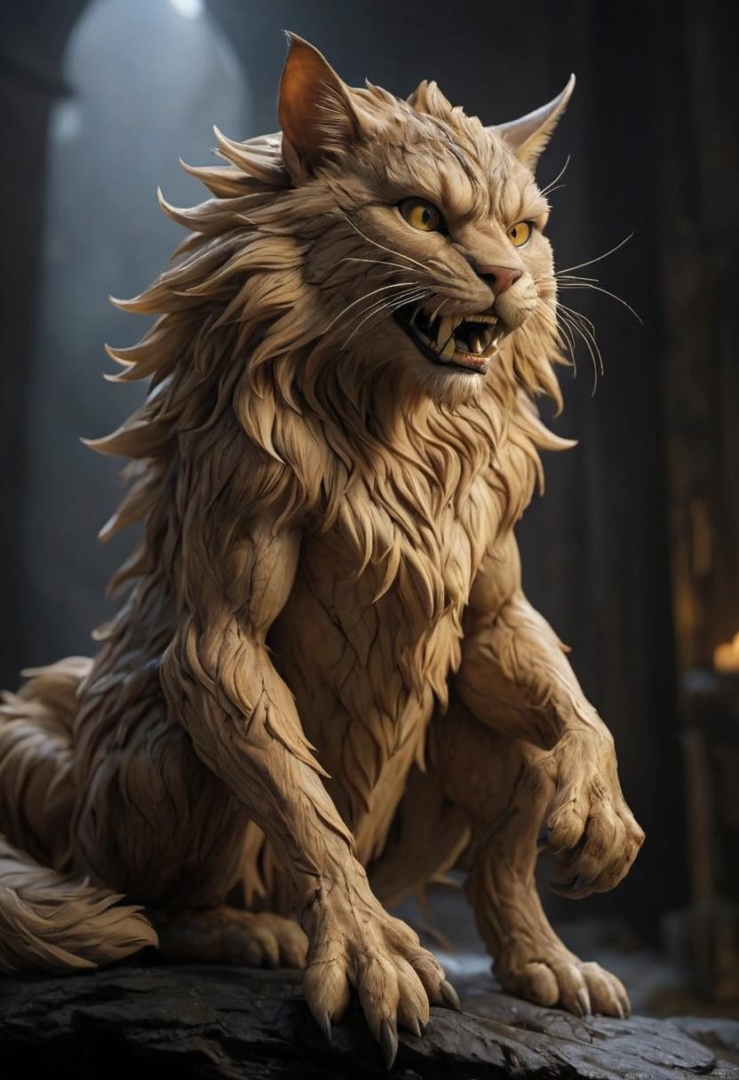 Image with seed 2747877216 generated via Stable Diffusion through @stablehorde@sigmoid.social. Prompt: dynamic pose of werecat from underworld, ultra wide angle, in focus, dark epic background, gorgeous lifelike, golden fur design, the full and whole body, full length shot, hyper details, lighting art, cinematic, goth, fractal###