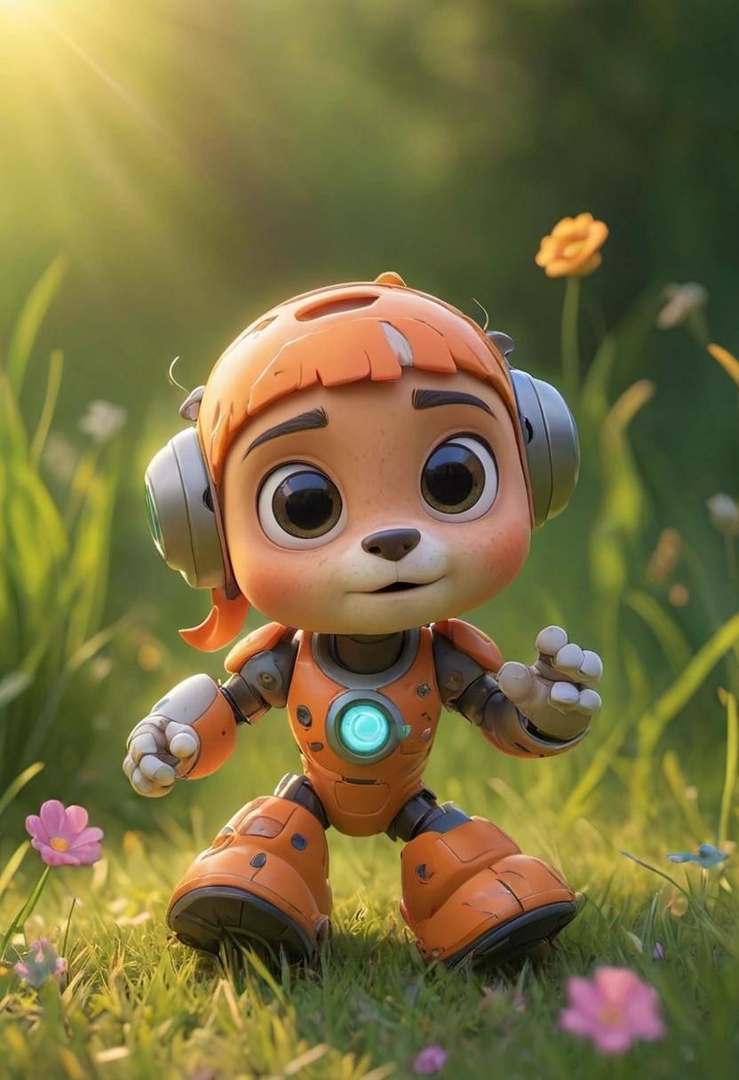 Image with seed 4267374428 generated via Stable Diffusion through @stablehorde@sigmoid.social. Prompt: a Cute Artificial Intelligence Robot Frolicking in a meadow (in the style of pixar, disney and paw patrol) , warm vibrant colours, natural lighting, dappled lighting, diffused lighting###