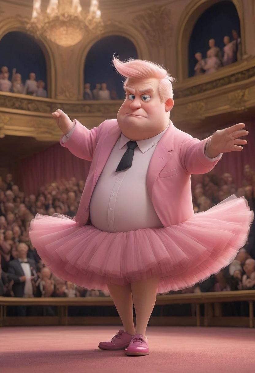 Image with seed 1739579543 generated via Stable Diffusion through @stablehorde@sigmoid.social. Prompt: Donald Trump wearing an pink Tutu, In a Grand Theater, in the style of Pixar and Dreamworks###