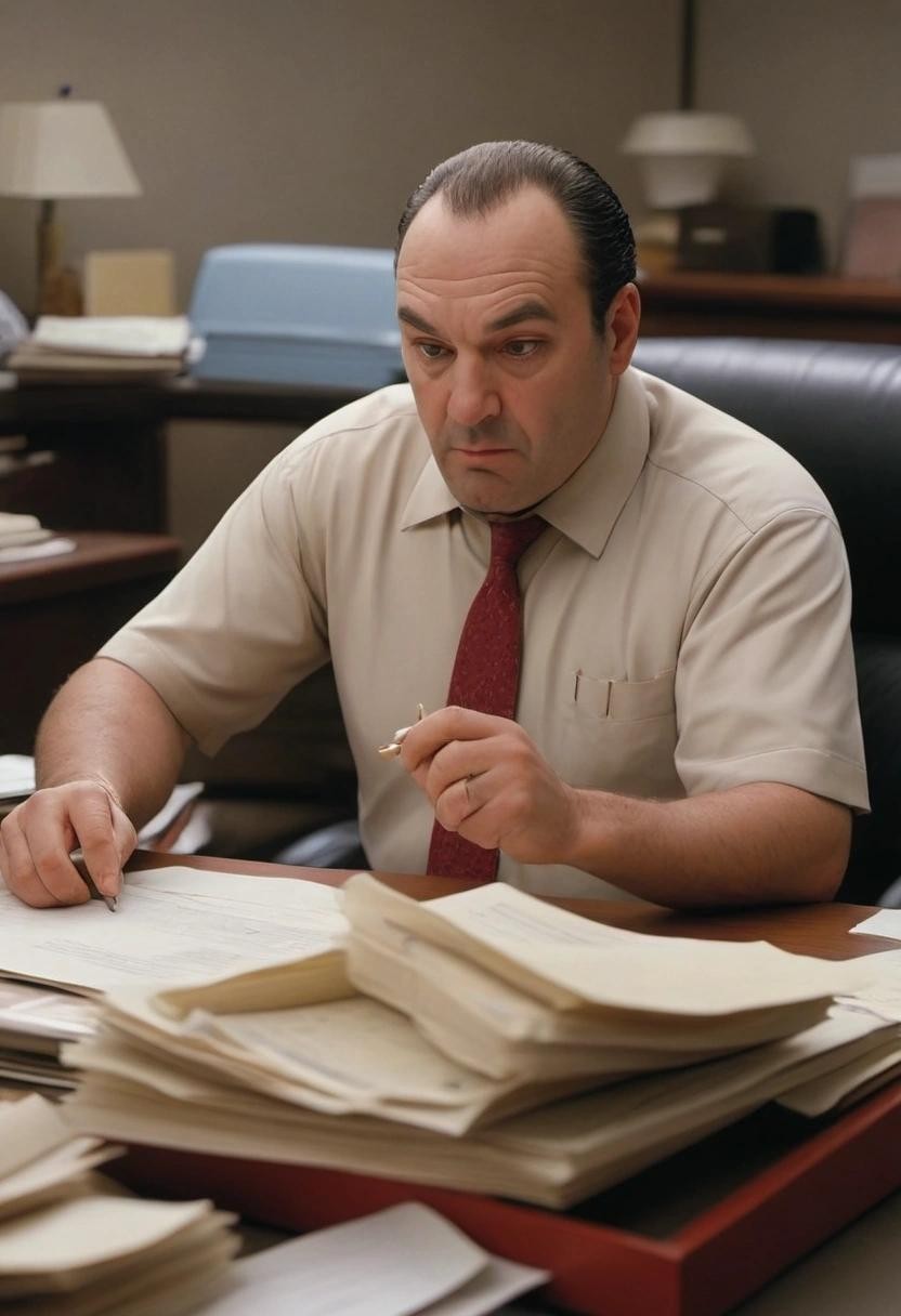 Image with seed 715982972 generated via Stable Diffusion through @stablehorde@sigmoid.social. Prompt: tony soprano collating paperwork on a desk with a red swingline stapler###