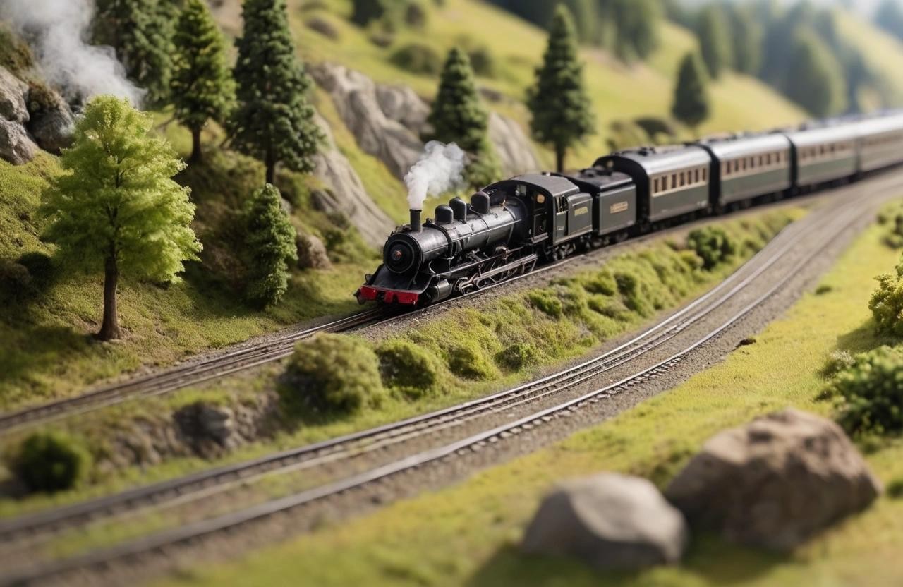 Image with seed 1072240917 generated via Stable Diffusion through @stablehorde@sigmoid.social. Prompt: Beautiful landscape in the style of Märklin and Faller, H0, steam train, shallow depth of field, 