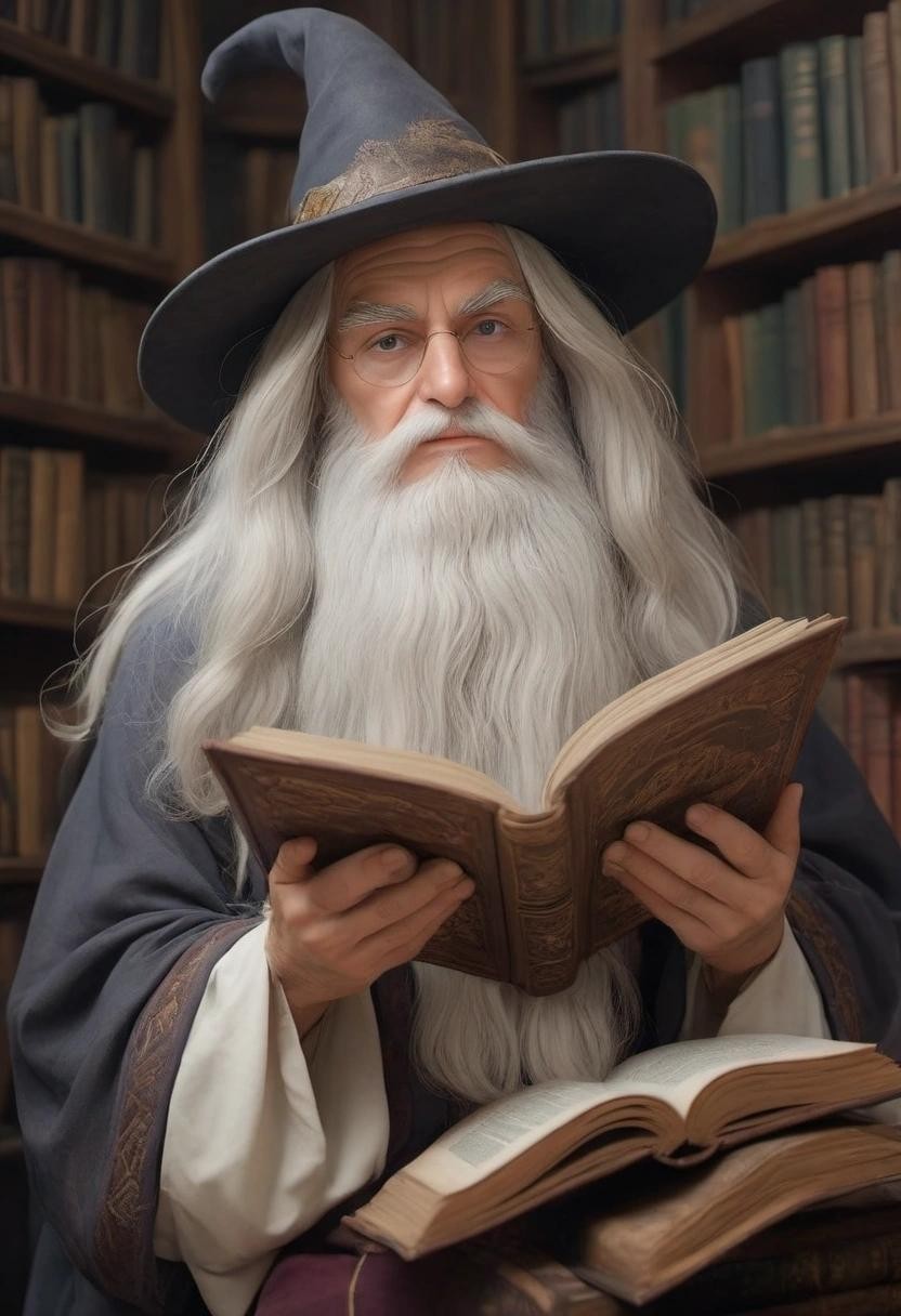 Image with seed 1631232084 generated via Stable Diffusion through @stablehorde@sigmoid.social. Prompt: an old wizard with long white hair and a long white beard reading a big magic book, sitting in the magic library with his cats, (masterpiece), best quality, expressive eyes, perfect face###