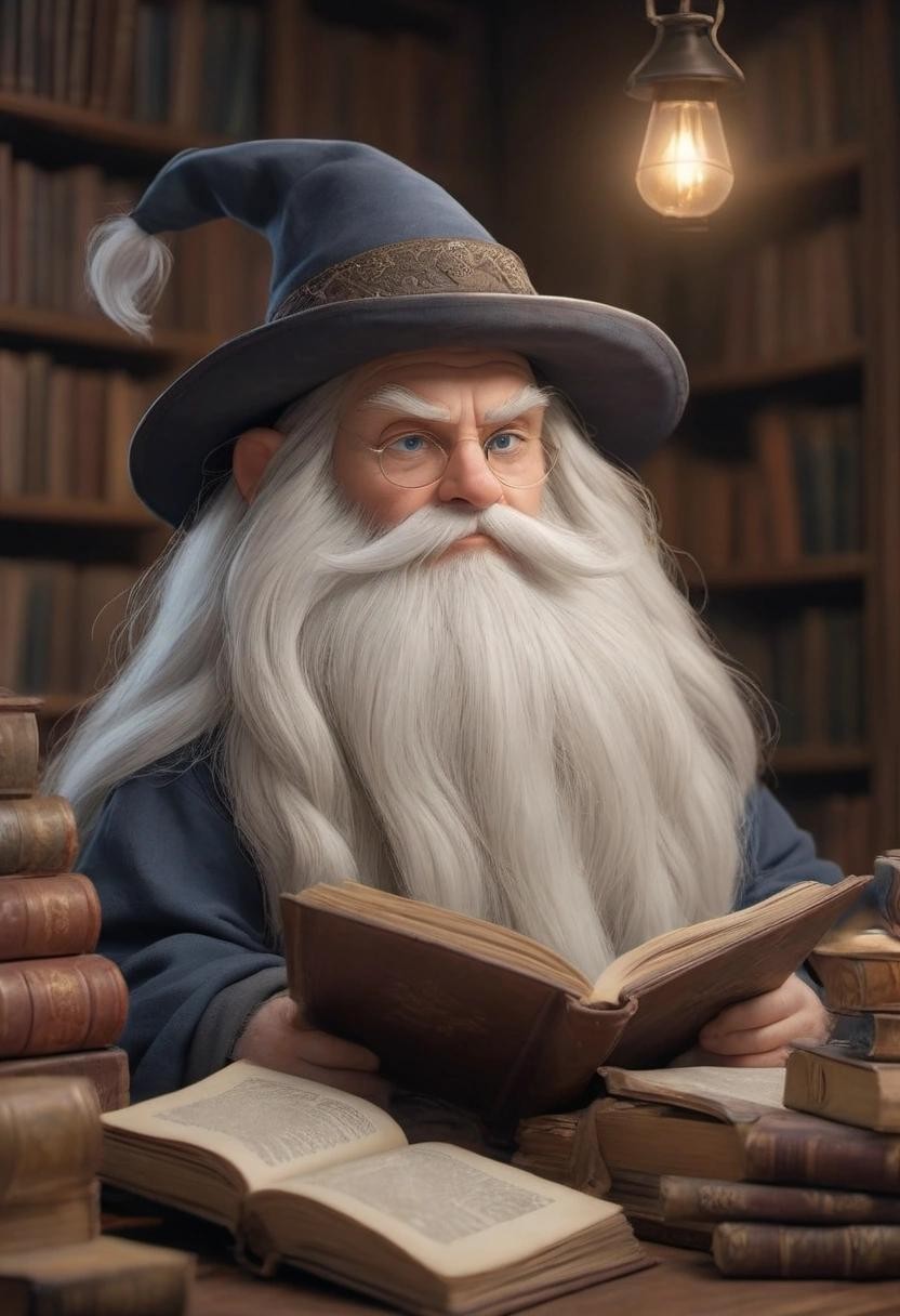 Image with seed 3506625234 generated via Stable Diffusion through @stablehorde@sigmoid.social. Prompt: a cat and an old wizard with long white hair and a long white beard reading a big magic book, sitting in the magic library, (masterpiece), best quality, expressive eyes, perfect face###
