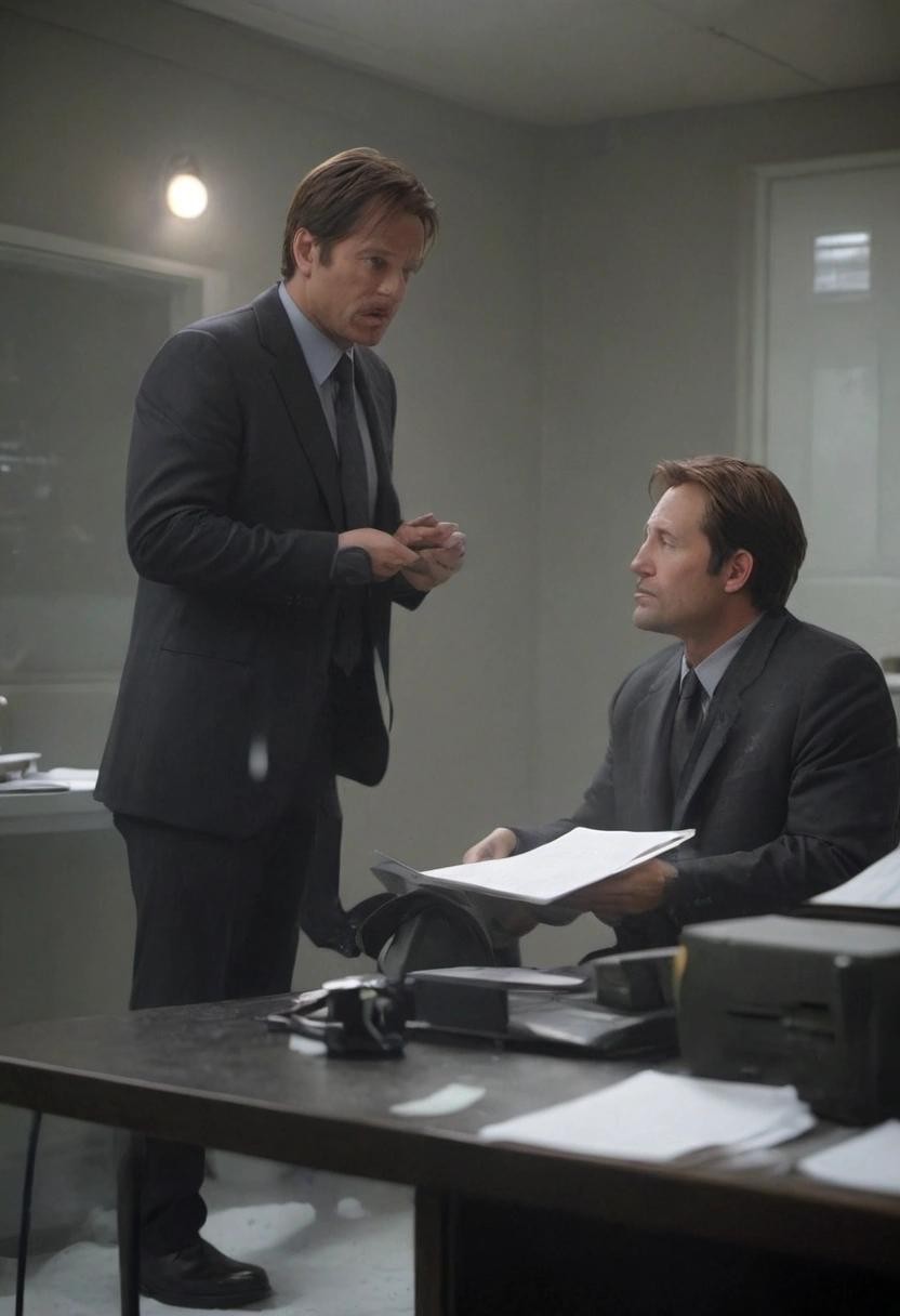 Image with seed 1697411108 generated via Stable Diffusion through @stablehorde@sigmoid.social. Prompt: agent mulder interrogating hank moody in a snowstorm###