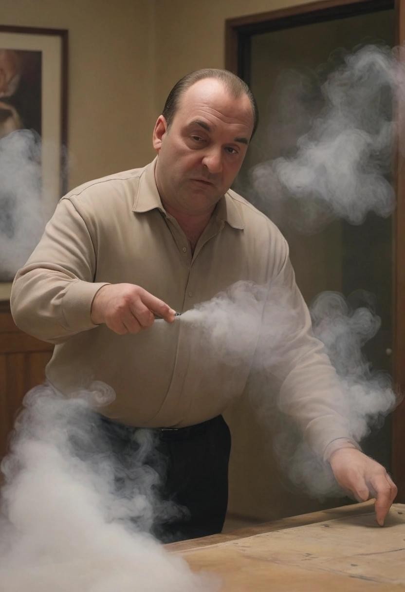Image with seed 3251065557 generated via Stable Diffusion through @stablehorde@sigmoid.social. Prompt: tony soprano hotboxing the foyer in the recent past###