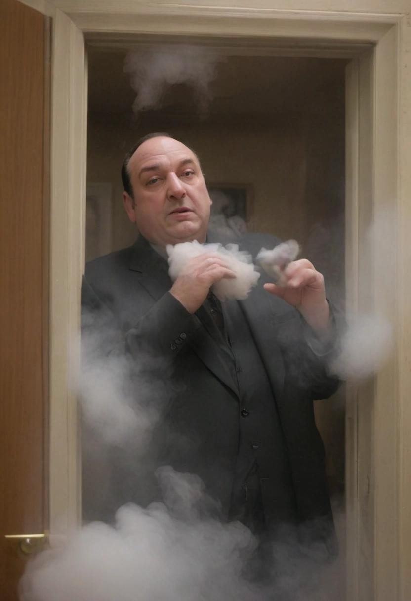 Image with seed 1934091012 generated via Stable Diffusion through @stablehorde@sigmoid.social. Prompt: tony soprano hotboxing the foyer in the recent past###