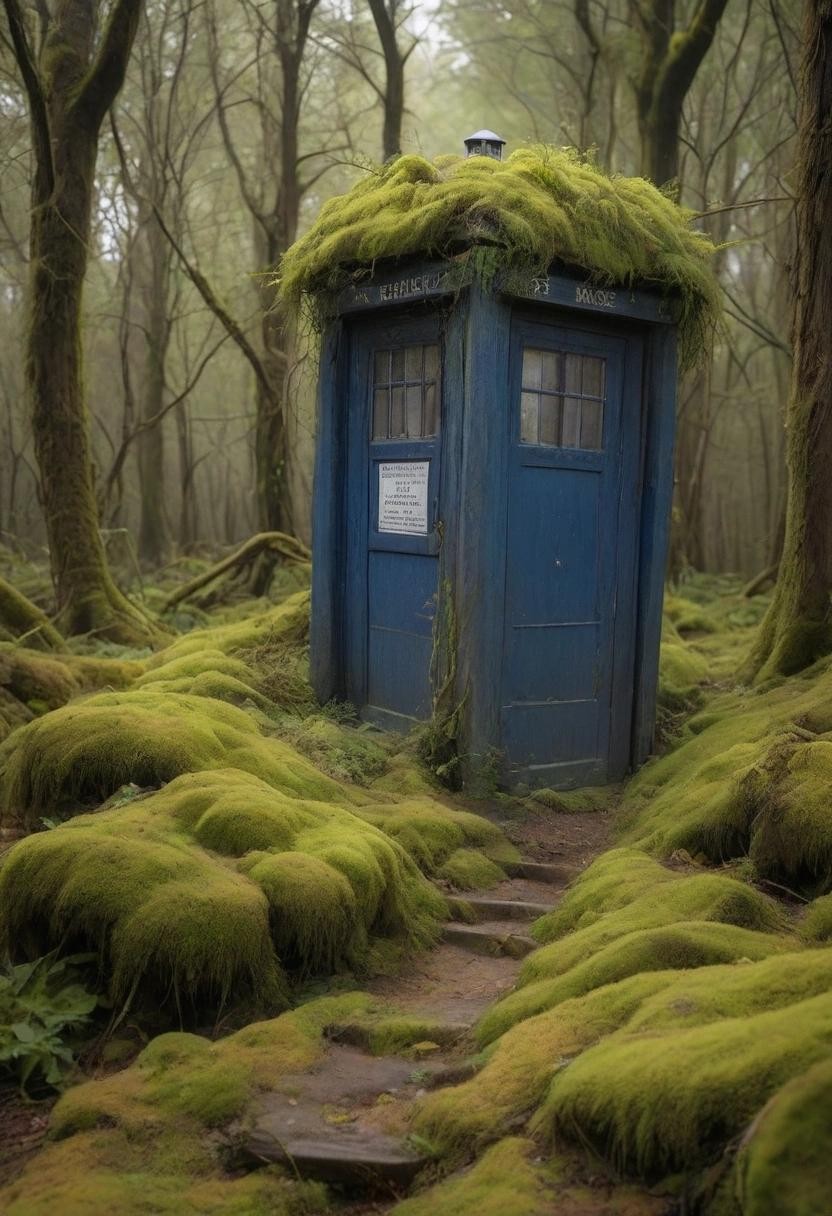 Image with seed 3716956972 generated via Stable Diffusion through @stablehorde@sigmoid.social. Prompt: The Tardis on top of the abandoned Yellow Brick Road overgrown by moss.###