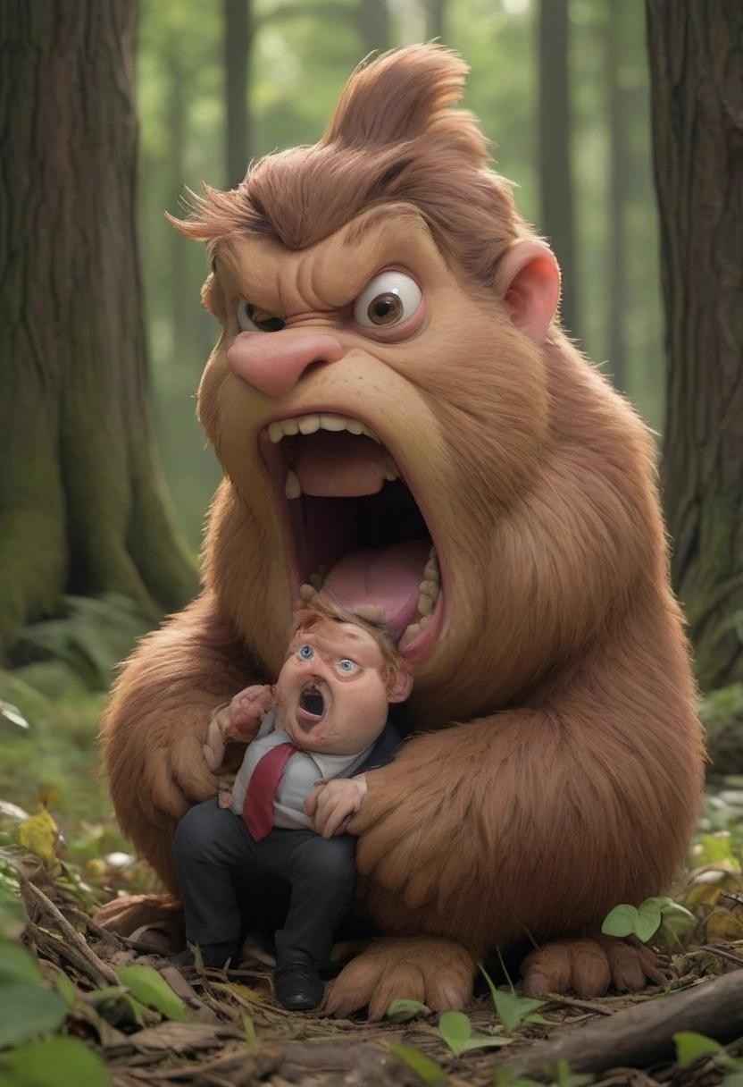 Image with seed 966544776 generated via Stable Diffusion through @stablehorde@sigmoid.social. Prompt: giant squirrel eating trump’s head, with head off in one of its hand and mouth open , in style of pixar horror###