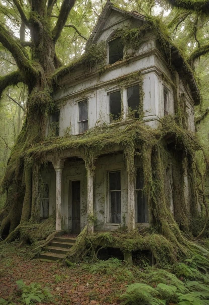 Image with seed 2001320150 generated via Stable Diffusion through @stablehorde@sigmoid.social. Prompt: an abandoned united states white house overgrown with trees and moss, with live fauna and vines along the walls, no humans, broken windows###