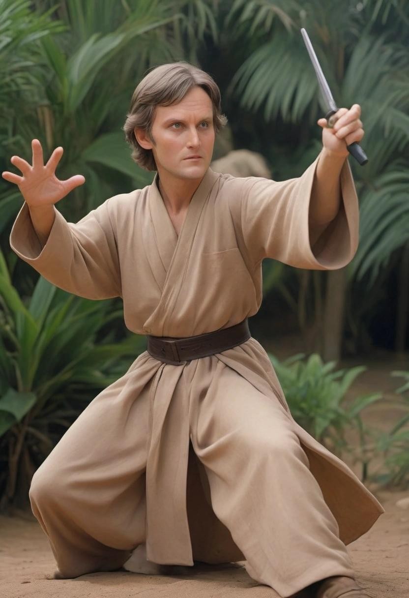 Image with seed 633666020 generated via Stable Diffusion through @stablehorde@sigmoid.social. Prompt: young alan alda as a jedi master, action pose###