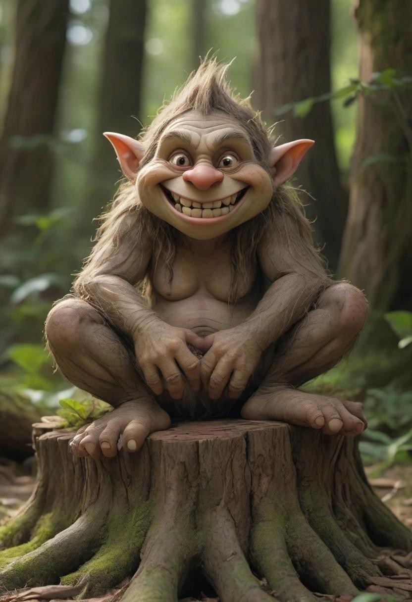 Image with seed 2449554046 generated via Stable Diffusion through @stablehorde@sigmoid.social. Prompt: A happy troll sitting on a tree stump###