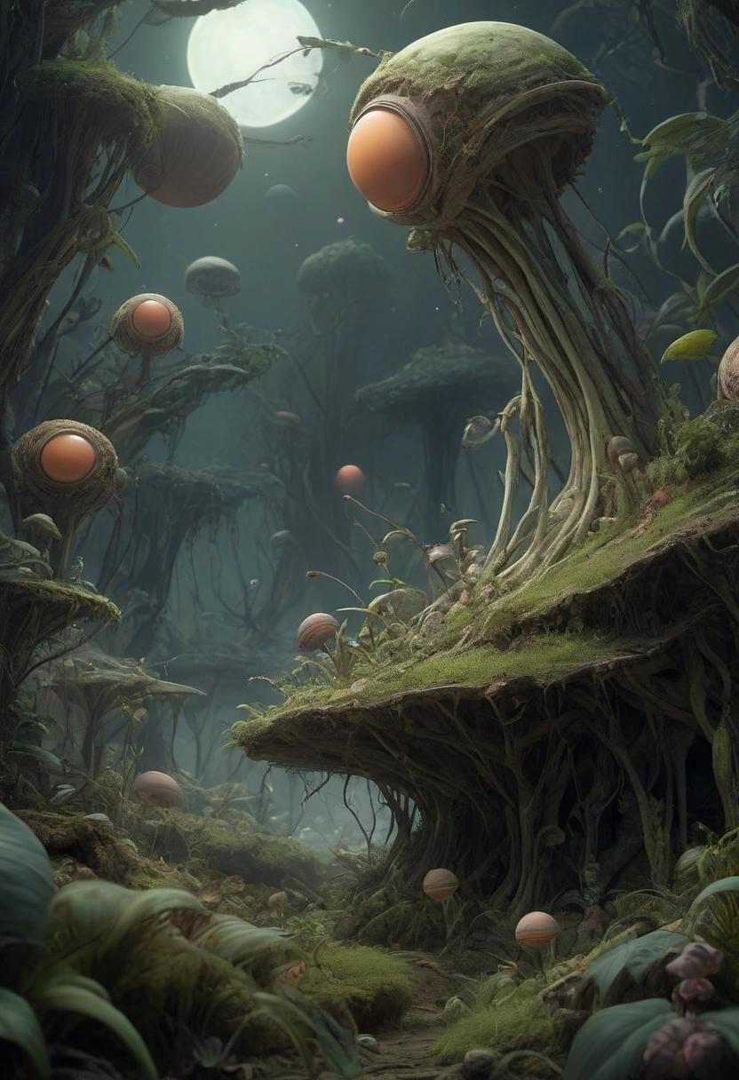 Image with seed 1691074511 generated via Stable Diffusion through @stablehorde@sigmoid.social. Prompt: Alien jungle on the moon of a gas giant with Saturn rings, surreal alien plants, weird creatures, tiny flying alien insectoids###