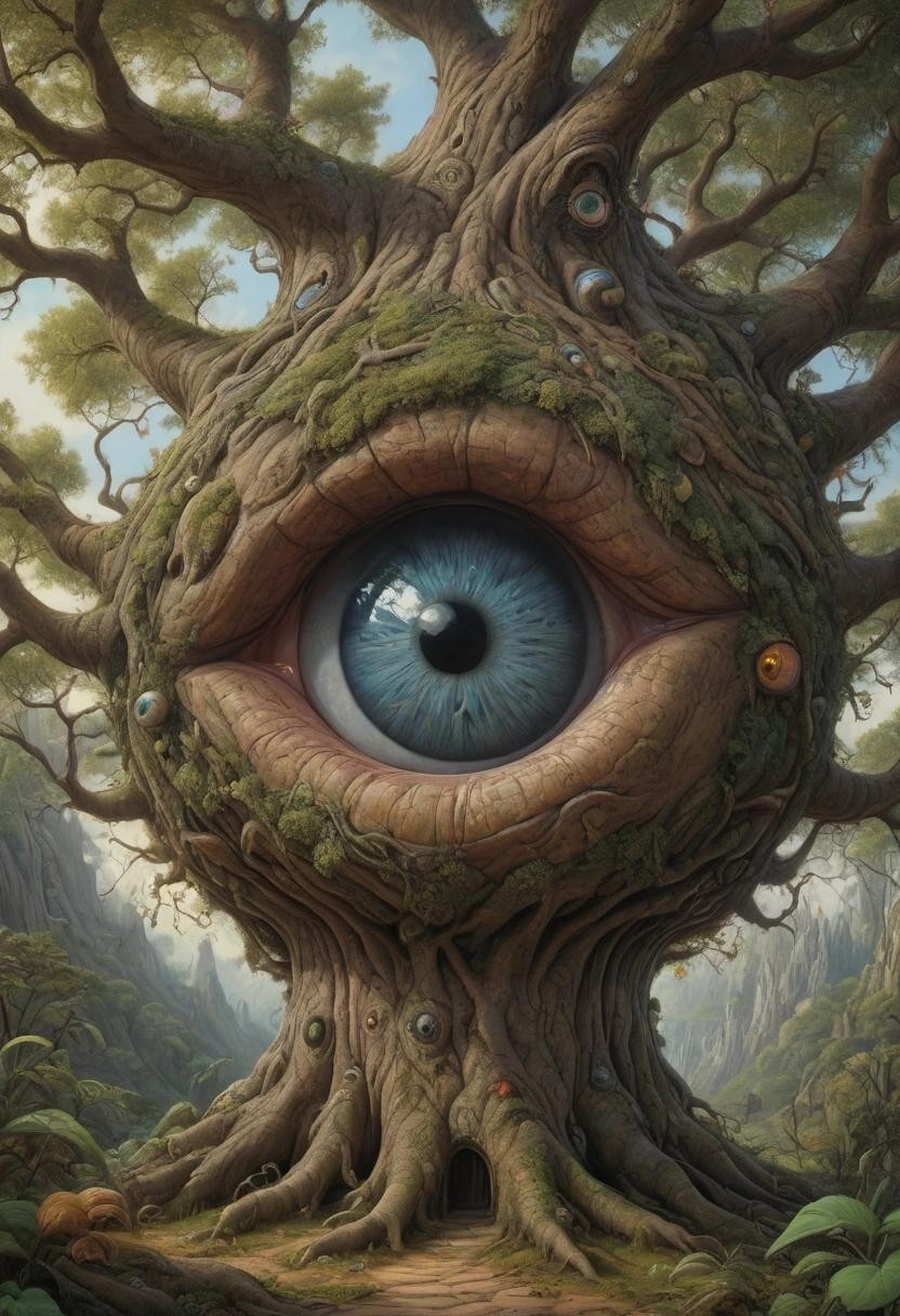 Image with seed 3169526135 generated via Stable Diffusion through @stablehorde@sigmoid.social. Prompt: A huge eyeball growing in a giant tree, surrealism, weird plants, whimsical, highly detailed, elegant, fantasy, colourful, gothic, dreamlike, Jacek Yerka, Salvador Dali,  H.R. Giger, Hieronymus Bosch, Moebius###