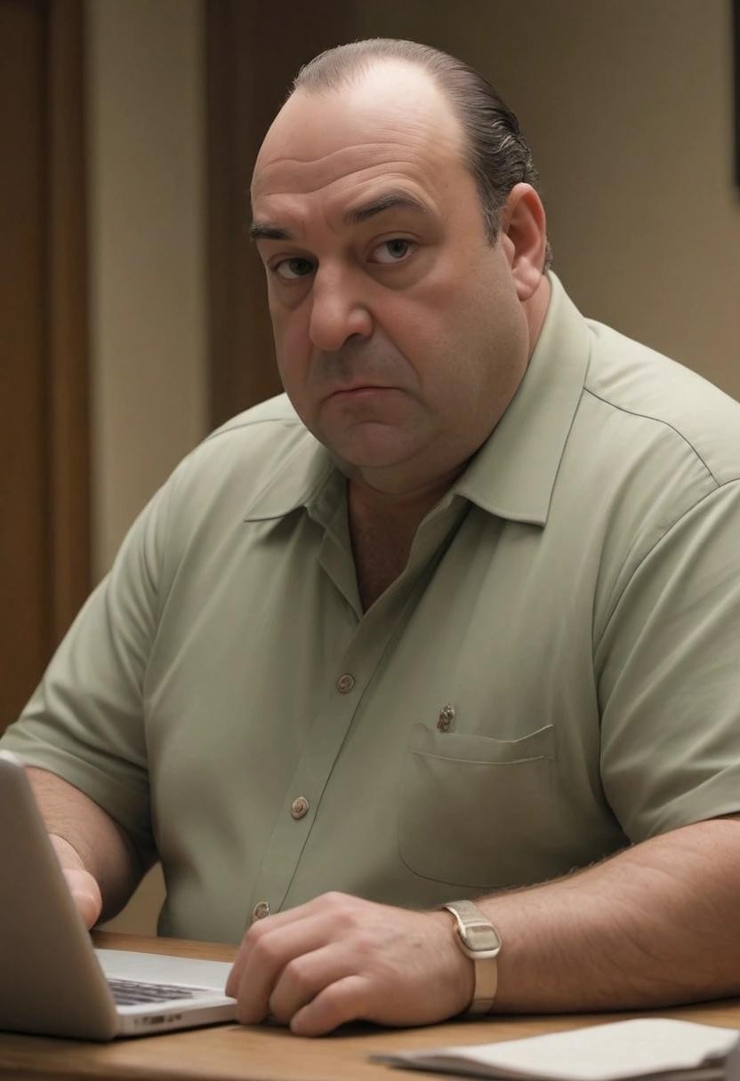 Image with seed 2347171235 generated via Stable Diffusion through @stablehorde@sigmoid.social. Prompt: tony soprano logging onto tumblr to post about his blorbo###
