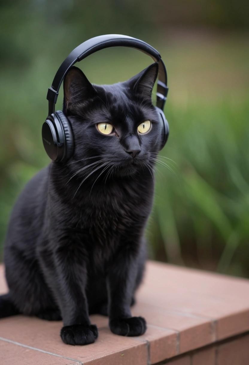 Image with seed 157032148 generated via Stable Diffusion through @stablehorde@sigmoid.social. Prompt: a black cat with headphones 