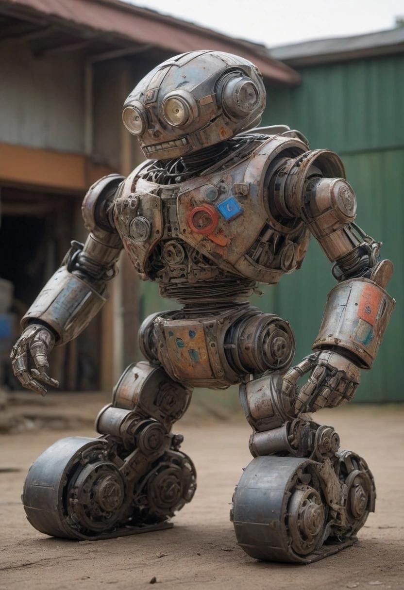 Image with seed 4011924093 generated via Stable Diffusion through @stablehorde@sigmoid.social. Prompt: a robot built of car junk parts with a Microsoft logo on it###