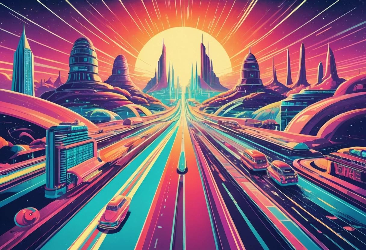 Image with seed 1469563825 generated via Stable Diffusion through @stablehorde@sigmoid.social. Prompt: retro-futuristic three roads converging into one road and going far away  . vintage sci-fi, 50s and 60s style, atomic age, vibrant, highly detailed###, contemporary, realistic, rustic, primitive