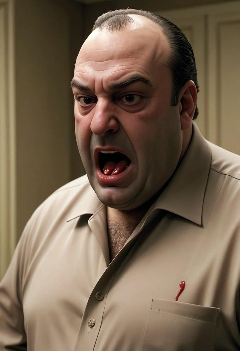 Image with seed 934621236 generated via Stable Diffusion through @stablehorde@sigmoid.social. Prompt: tony soprano seeing the gabaghoul and letting out a bloodcurdling shriek###