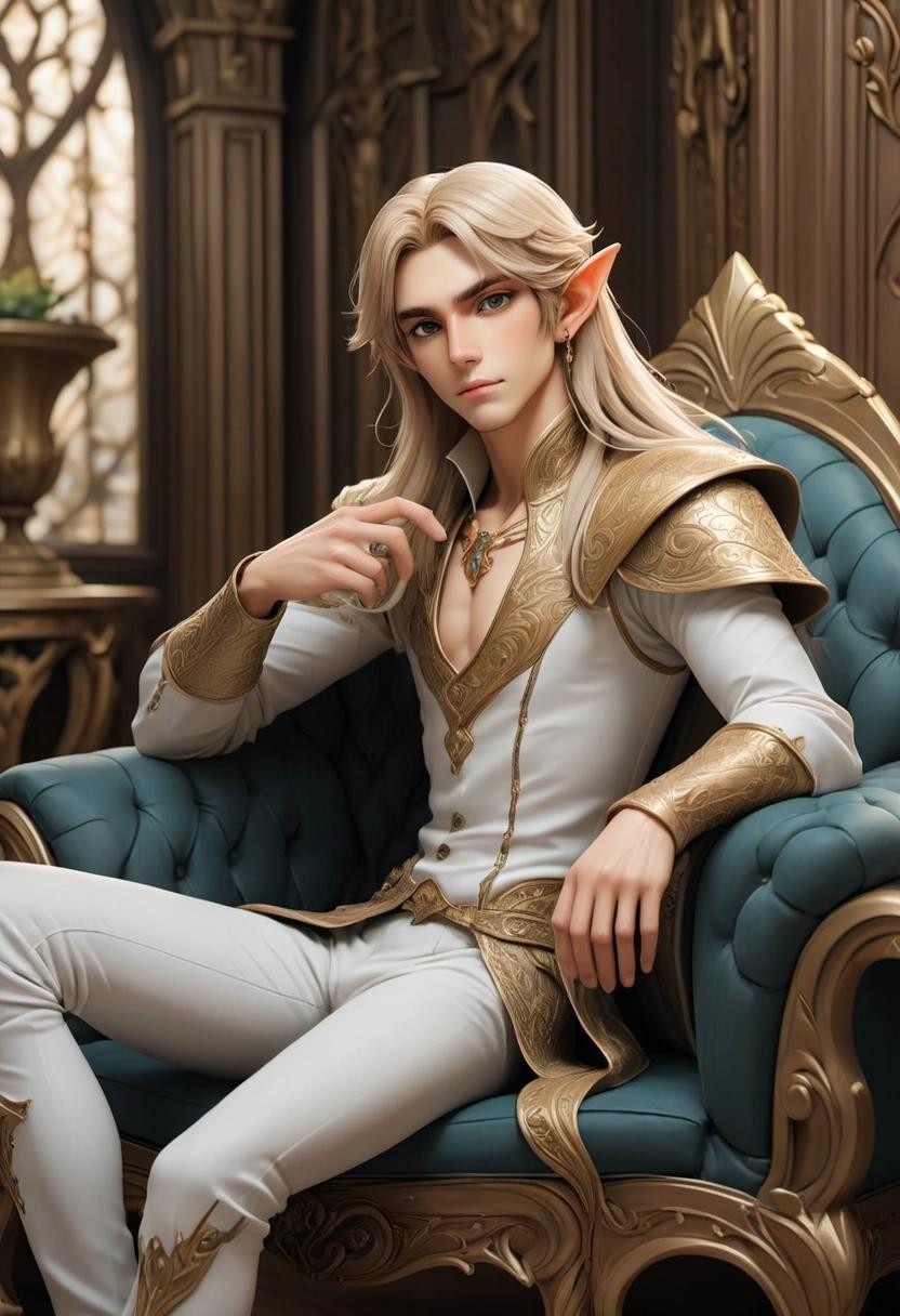 Image with seed 3517433710 generated via Stable Diffusion through @stablehorde@sigmoid.social. Prompt: A handsome Elf Prince sitting on a luxurious sofa, male, bishounen, skinny, long hair, pointy ears, fantasy, art nouveau furniture, Elven palace, (masterpiece), best quality, expressive eyes, perfect face###