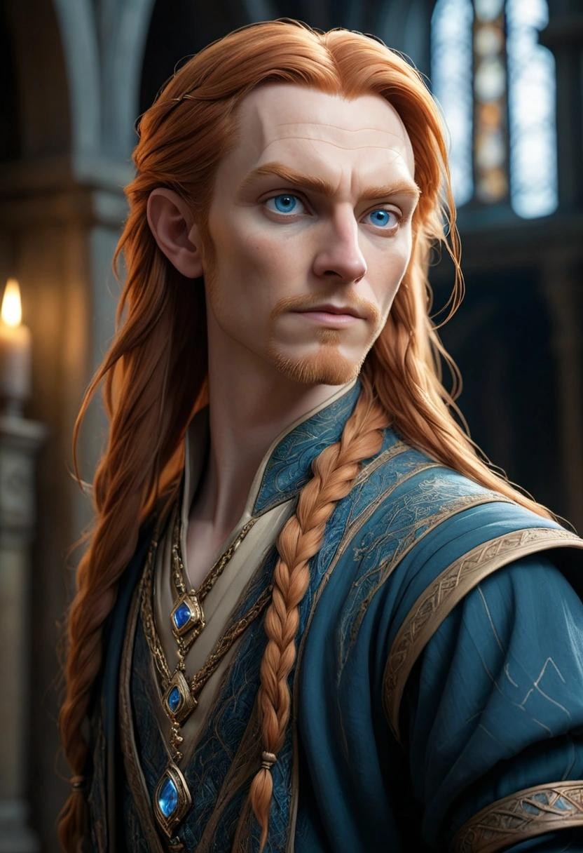 Image with seed 3922680603 generated via Stable Diffusion through @stablehorde@sigmoid.social. Prompt: portrait of an elven gentleman. he has very long partially braided ginger hair, pale skin, blue eyes, pointy ears, elaborate clothes, jewellery, and is looking to the left. dramatic lighting. Elfin architecture in the background.###