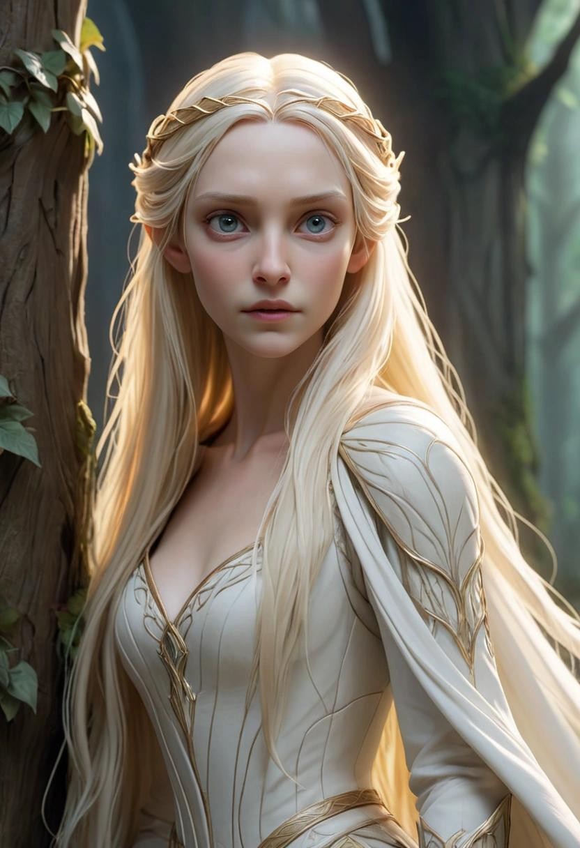 Image with seed 2533740079 generated via Stable Diffusion through @stablehorde@sigmoid.social. Prompt: Lady Galadriel in Lothlórien, elf queen, white dress, long hair, blonde, pale skin,(masterpiece), best quality, expressive eyes, perfect face###